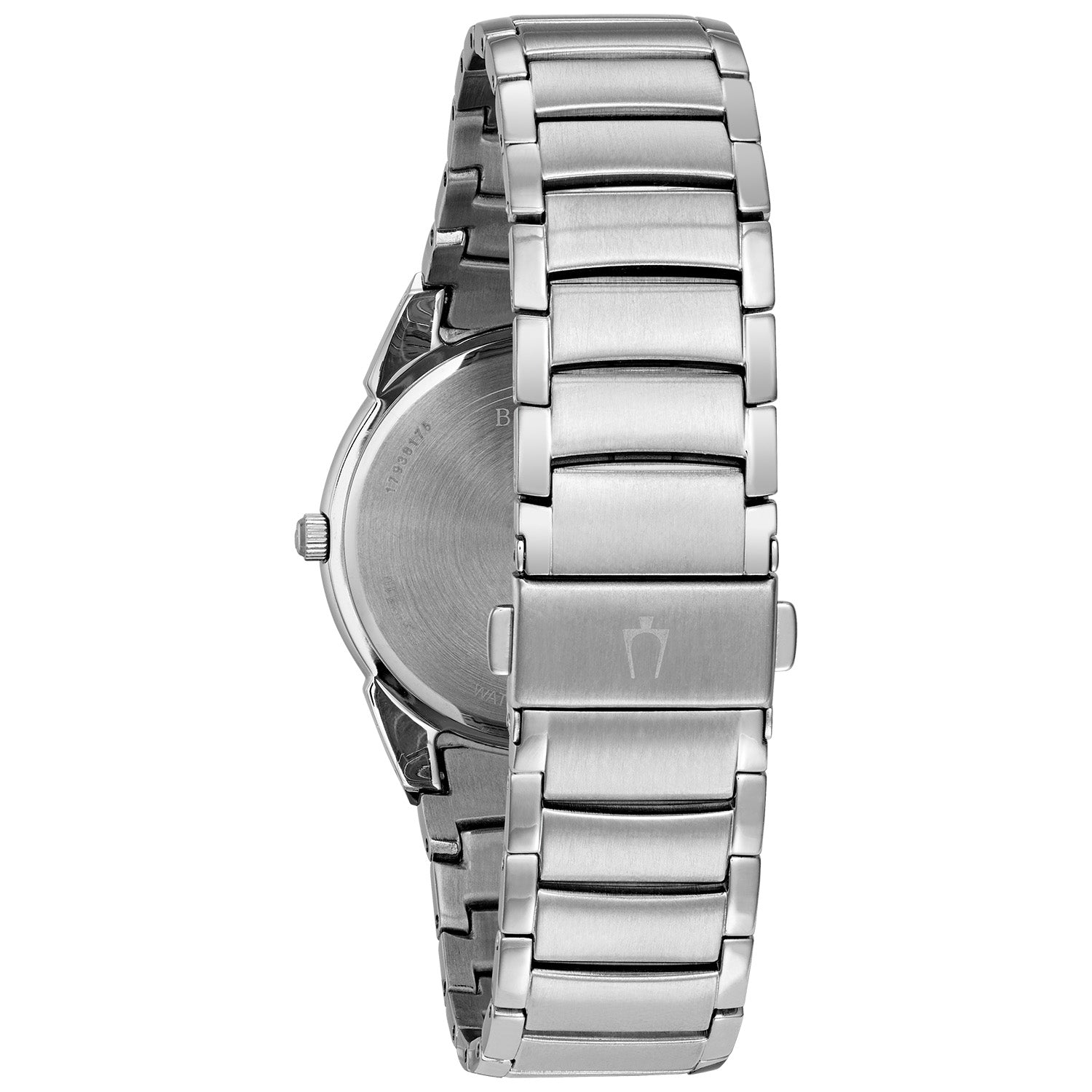 Back view of Bulova Classic 96B015, showcasing the stainless steel case back and bracelet with short fold-over clasp.