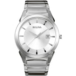 Bulova Classic 96B015 men's stainless steel watch with a patterned silver-tone dial and silver-tone indices—front view.