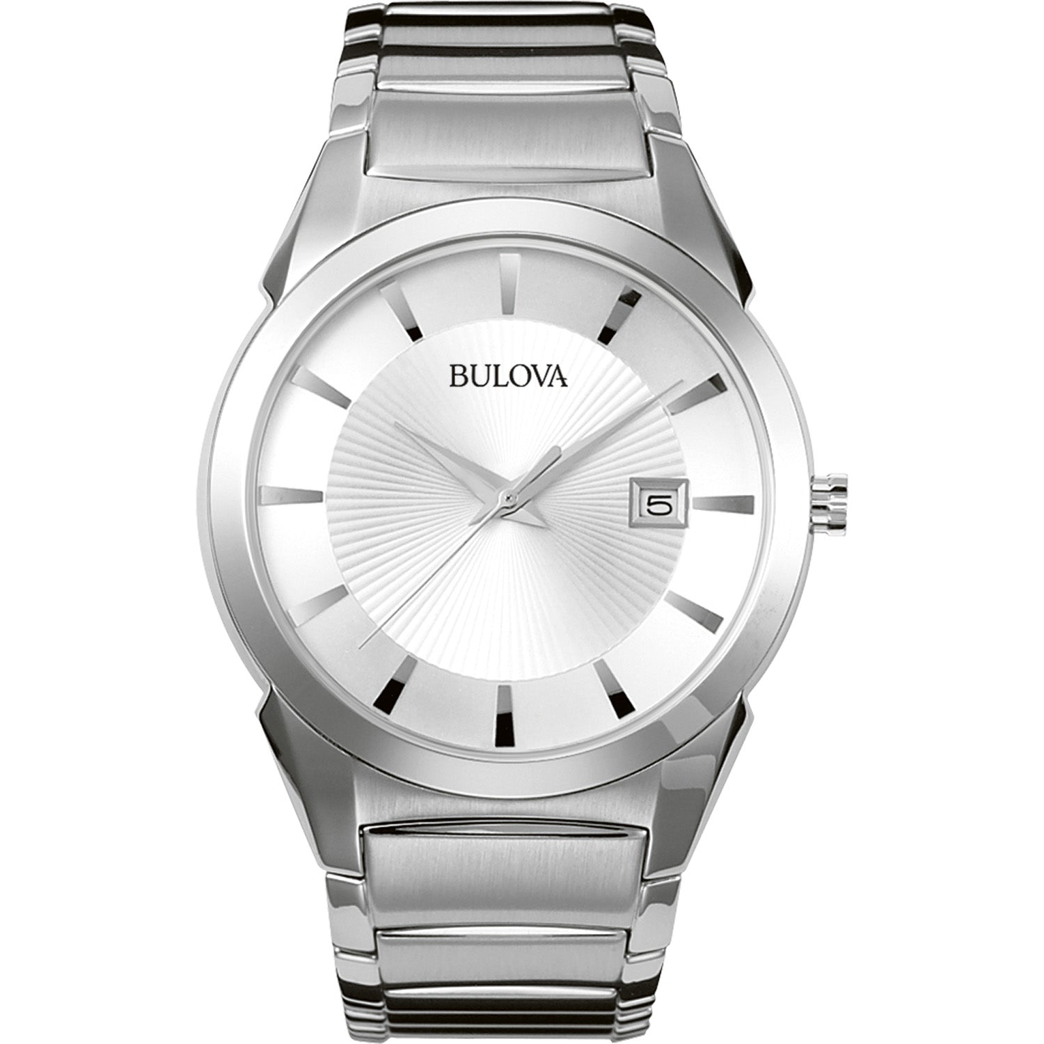 Bulova Classic 96B015 men's stainless steel watch with a patterned silver-tone dial and silver-tone indices—front view.