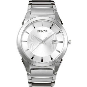 Bulova Classic 96B015 men's stainless steel watch with a patterned silver-tone dial and silver-tone indices—front view.