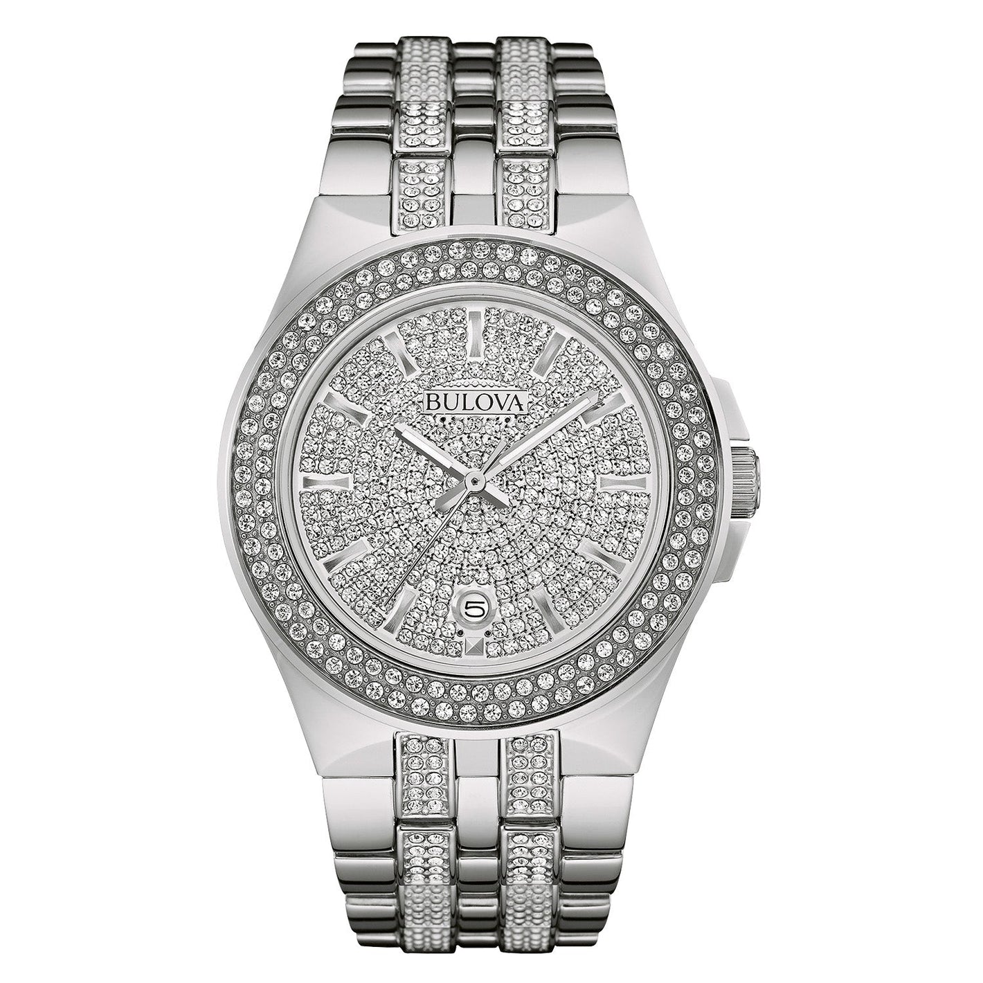 Bulova 96B235 men's Phantom Crystal watch with a silver-tone full pave dial, luminous hands, and a stainless steel bracelet adorned with Swarovski crystals—front view.