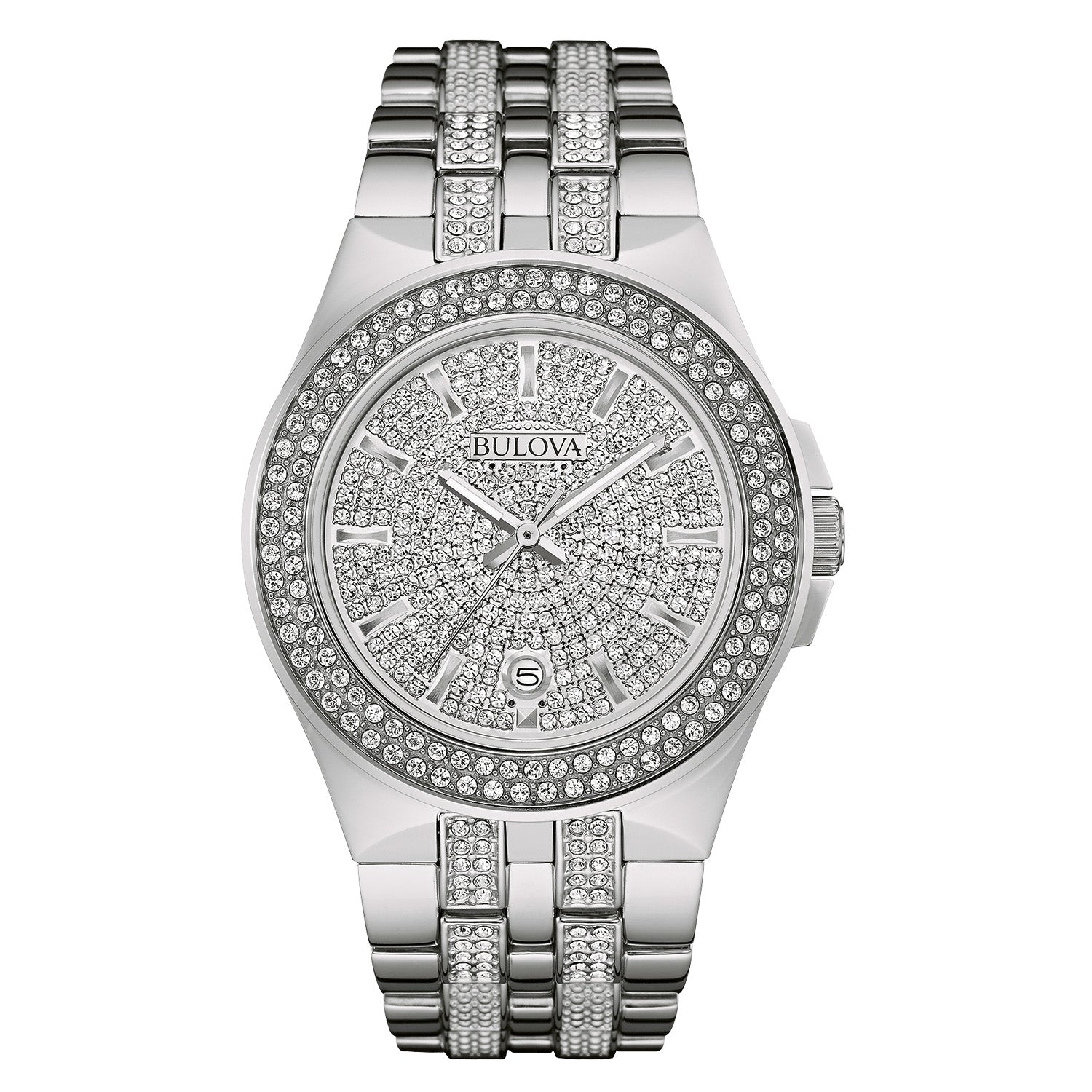 Bulova 96B235 men's Phantom Crystal watch with a silver-tone full pave dial, luminous hands, and a stainless steel bracelet adorned with Swarovski crystals—front view.