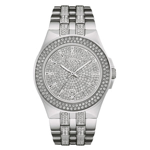 Bulova 96B235 men's Phantom Crystal watch with a silver-tone full pave dial, luminous hands, and a stainless steel bracelet adorned with Swarovski crystals—front view.