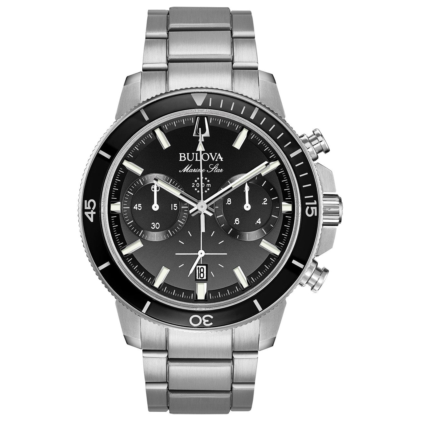 Bulova 96B272 Marine Star Chronograph featuring a black dial with luminous hands and markers, encased in stainless steel—front view.