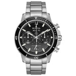 Bulova 96B272 Marine Star Chronograph featuring a black dial with luminous hands and markers, encased in stainless steel—front view.