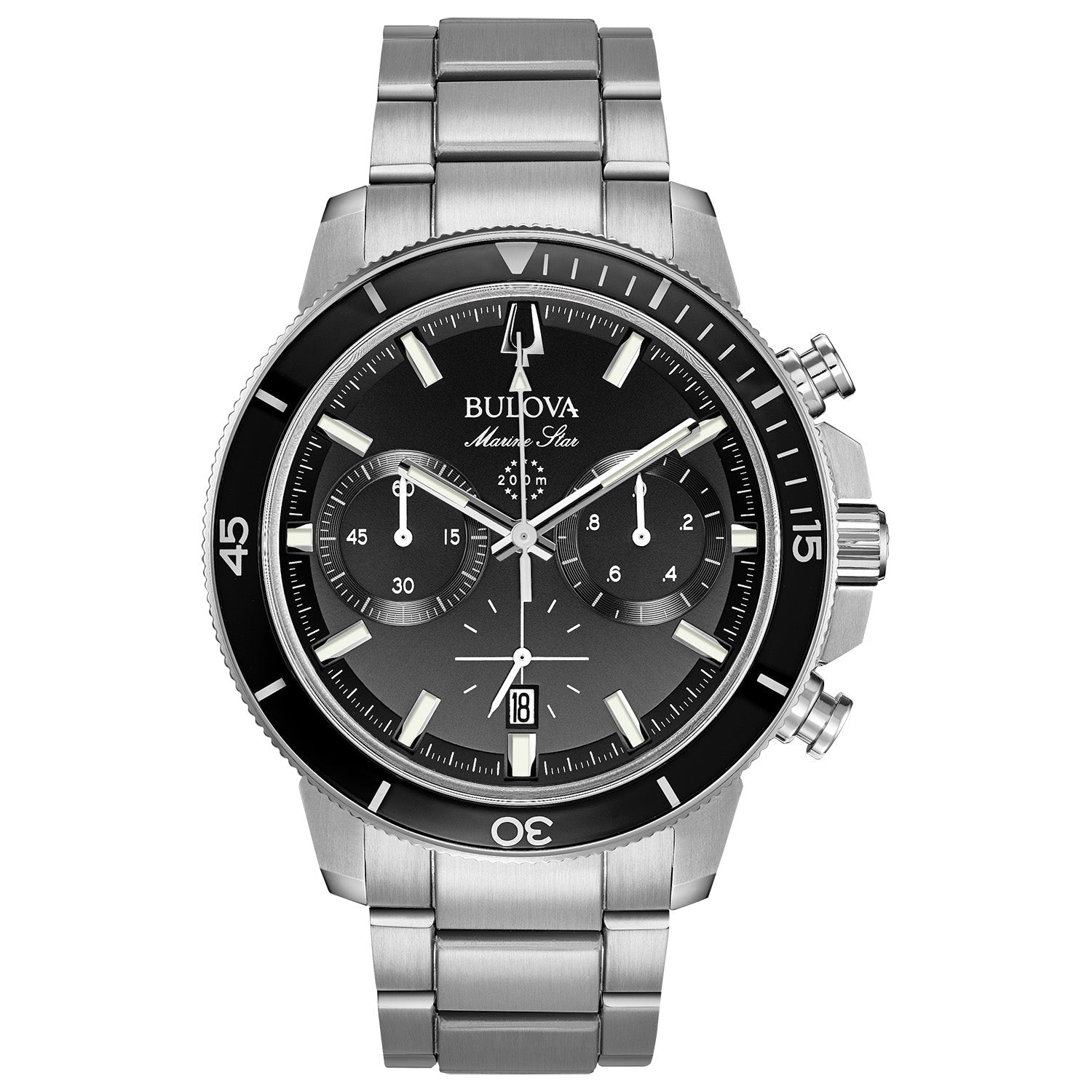 Bulova 96B272 Marine Star Chronograph featuring a black dial with luminous hands and markers, encased in stainless steel—front view.