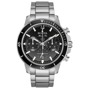 Bulova 96B272 Marine Star Chronograph featuring a black dial with luminous hands and markers, encased in stainless steel—front view.