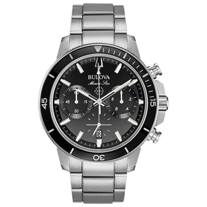 Bulova 96B272 Marine Star Chronograph featuring a black dial with luminous hands and markers, encased in stainless steel—front view.