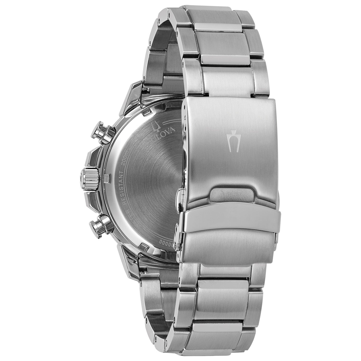 Back view of Bulova 96B272 highlighting the screw-back case and stainless steel bracelet with fold-over buckle closure.