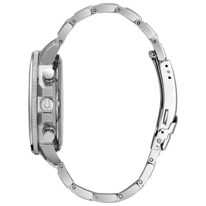  Side profile of Bulova 96B272 showcasing the stainless steel case, unidirectional rotating bezel, and domed mineral crystal.