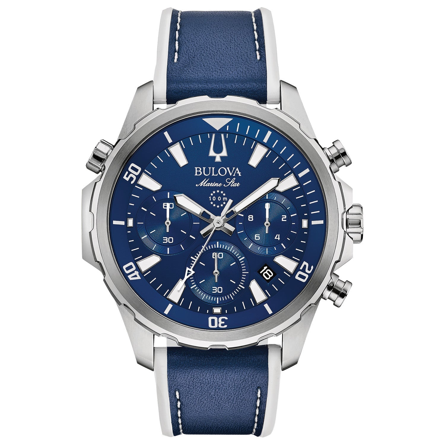 Bulova 96B287 Marine Star Chronograph featuring a blue dial with luminous hands and markers, encased in stainless steel—front view.