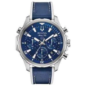 Bulova 96B287 Marine Star Chronograph featuring a blue dial with luminous hands and markers, encased in stainless steel—front view.