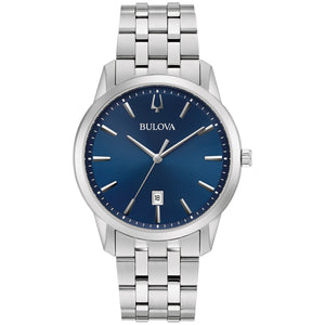 Bulova Sutton 96B338 men's watch featuring a blue dial with silver-toned hands and markers, date display at six o'clock, and a stainless steel bracelet—front view.