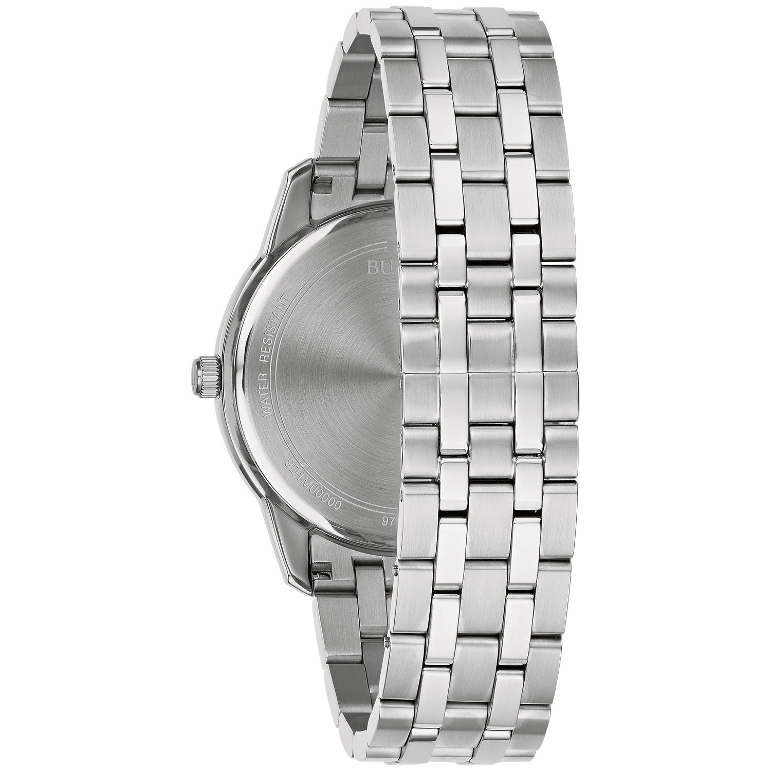  Back view of the Bulova Sutton 96B338, showcasing the stainless steel case back and bracelet.