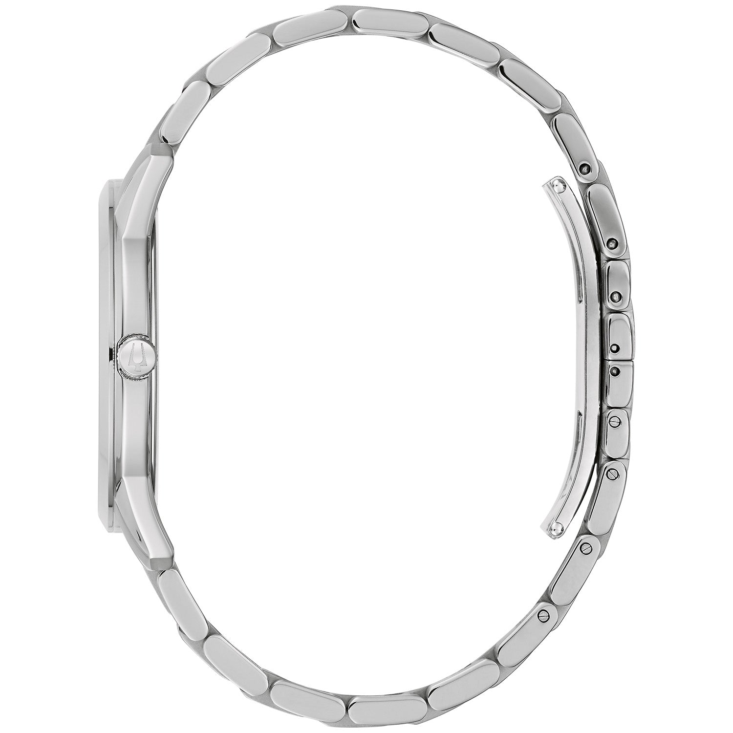 Side profile of the Bulova 96B338, highlighting the stainless steel case and the sleek design of the bracelet.