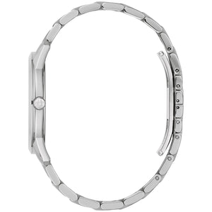 Side profile of the Bulova 96B338, highlighting the stainless steel case and the sleek design of the bracelet.