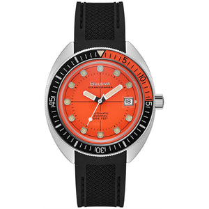 Bulova Oceanographer 'Devil Diver' 96B350 men's watch featuring a vibrant orange dial, luminous hands, and a black unidirectional bezel—front view.