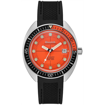 Bulova Oceanographer 'Devil Diver' 96B350 men's watch featuring a vibrant orange dial, luminous hands, and a black unidirectional bezel—front view.