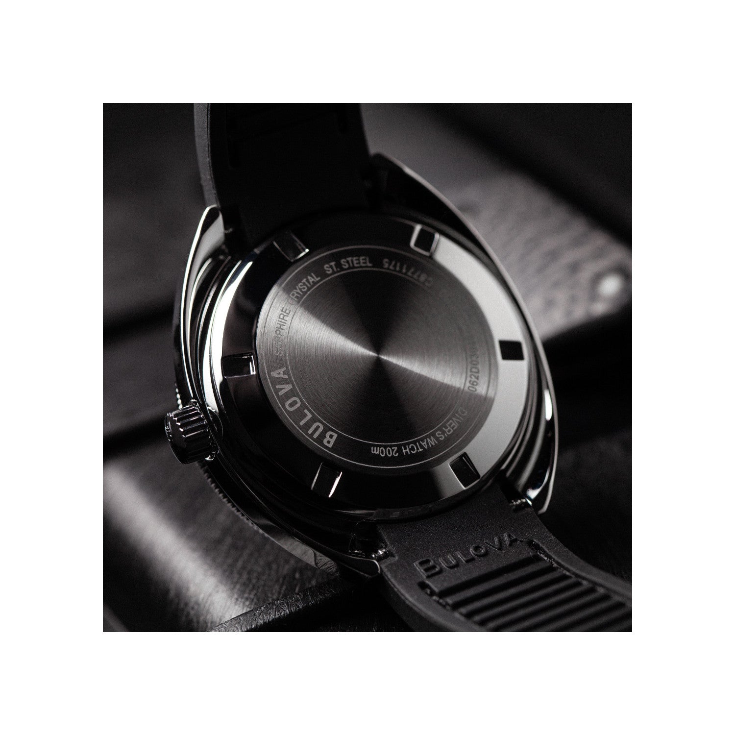 Back view of the Bulova 'Devil Diver' 96B350, highlighting the stainless steel case back with intricate engravings and water resistance details.