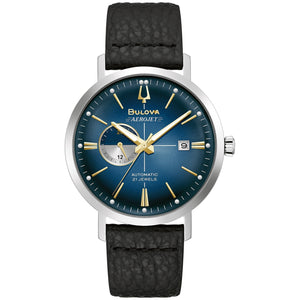  Bulova 96B374 Aerojet Automatic watch featuring a 41mm stainless steel case, gradient blue dial with gold-tone accents, and a black leather strap—front view.