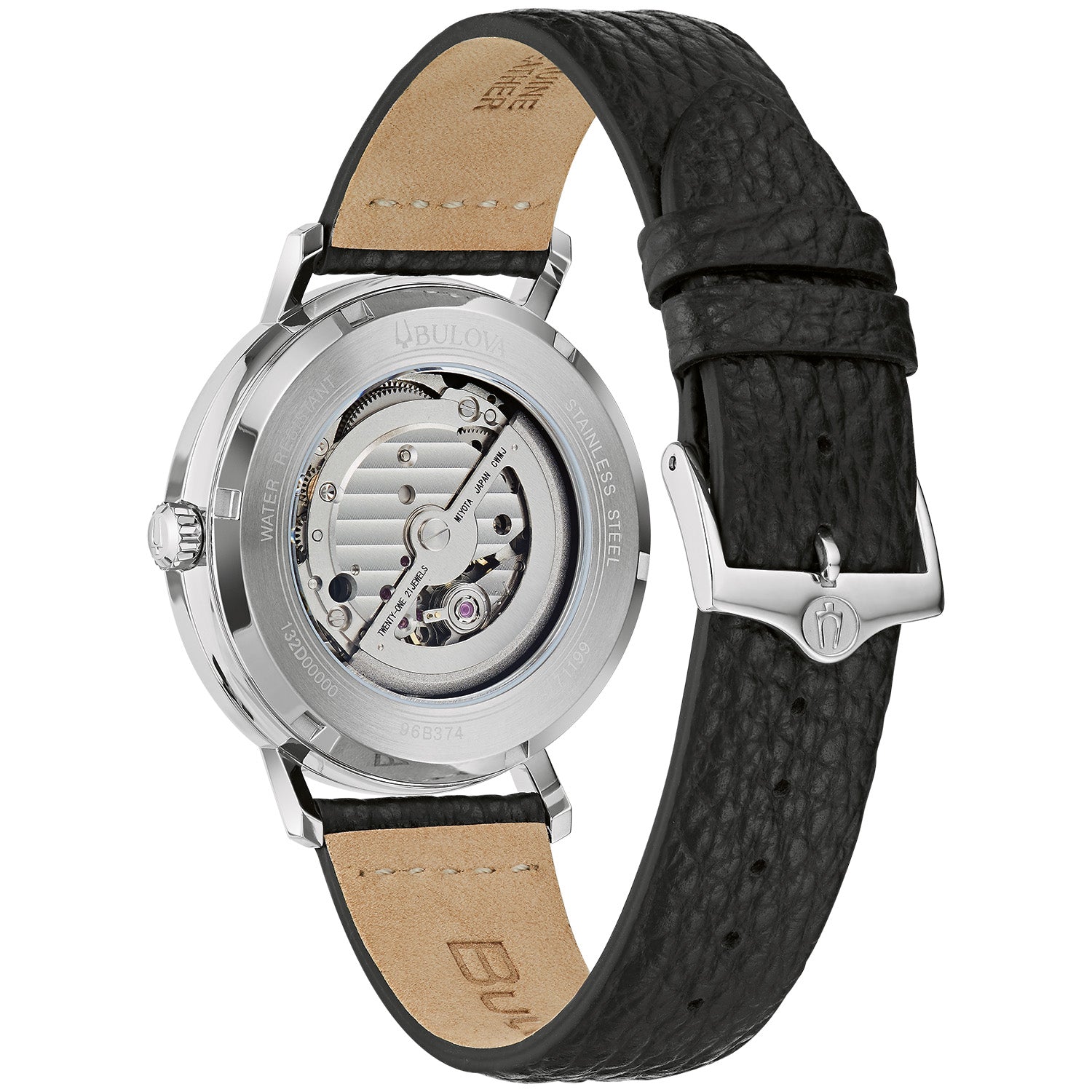 Rear view of the Bulova 96B374, showcasing the exhibition case back revealing the automatic movement and the black leather strap with a buckle closure.