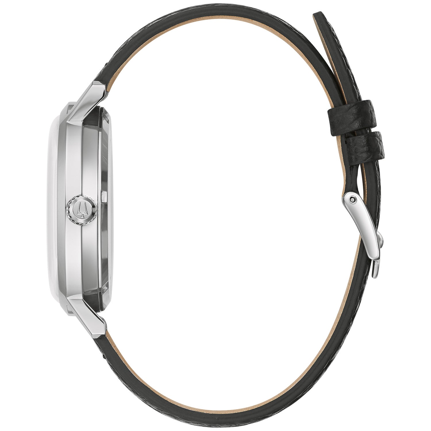  Profile view of the Bulova 96B374, highlighting its stainless steel case and domed mineral crystal.