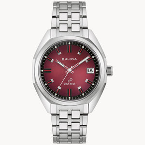 Bulova 96B401 Jet Star watch featuring a red sunburst dial with black chapter ring, silver-tone stainless steel case, and bracelet—front view.