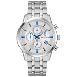  Bulova Sutton 96B404 men's watch featuring a silver-tone dial with black and blue hour markers, chronograph subdials, date display at four o'clock, and a stainless steel bracelet—front view.
