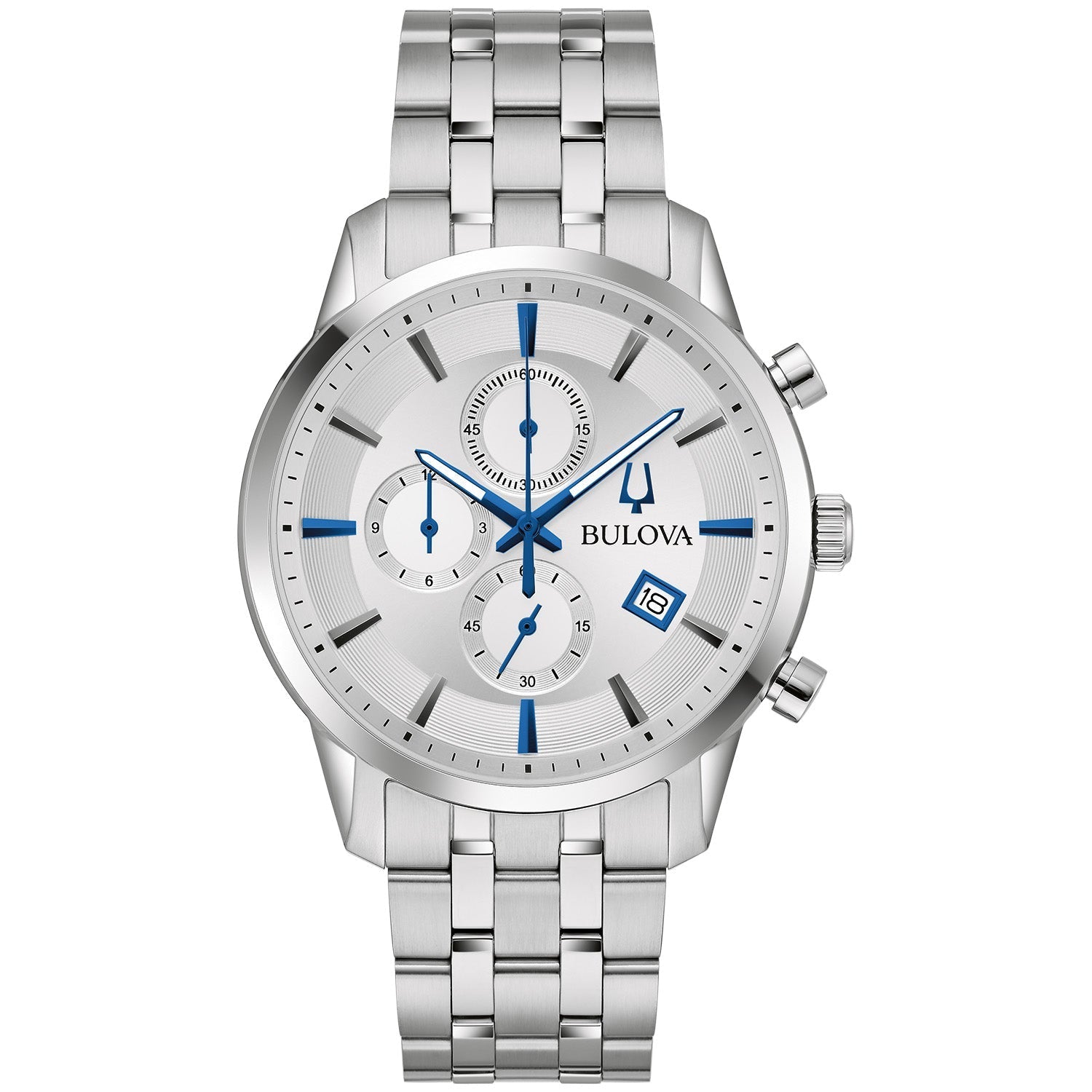  Bulova Sutton 96B404 men's watch featuring a silver-tone dial with black and blue hour markers, chronograph subdials, date display at four o'clock, and a stainless steel bracelet—front view.
