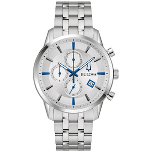  Bulova Sutton 96B404 men's watch featuring a silver-tone dial with black and blue hour markers, chronograph subdials, date display at four o'clock, and a stainless steel bracelet—front view.