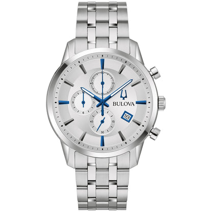  Bulova Sutton 96B404 men's watch featuring a silver-tone dial with black and blue hour markers, chronograph subdials, date display at four o'clock, and a stainless steel bracelet—front view.
