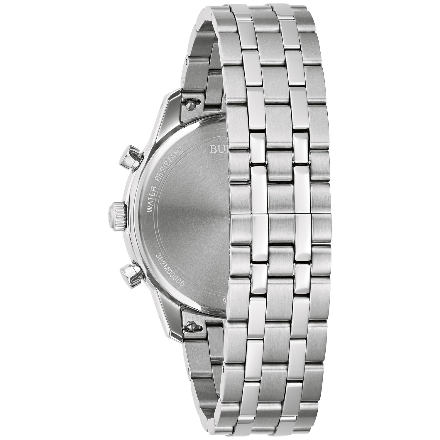 Back view of the Bulova Sutton 96B404, showcasing the stainless steel case back and bracelet.