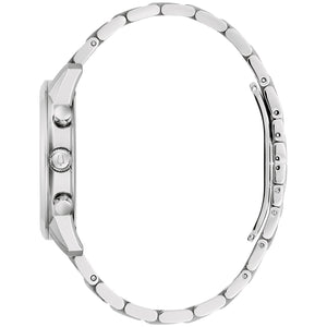 Side profile of the Bulova 96B404, highlighting the stainless steel case and the sleek design of the bracelet.