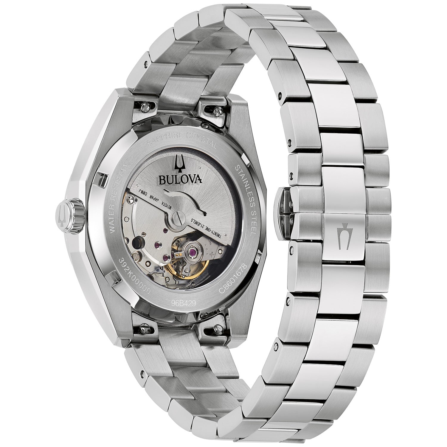 Back view of Bulova 96B429, showcasing the mineral crystal exhibition case back and intricate movement details.