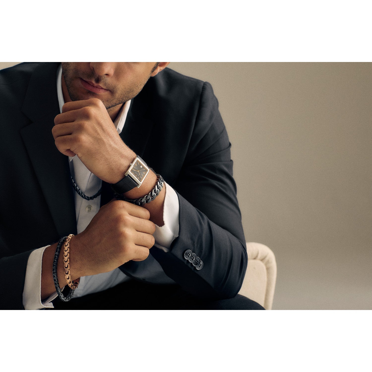 Model wearing the Bulova Link™ Bracelet BVB1109-MRSTNA8, showcasing its elegant fit and timeless appeal on the wrist.