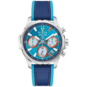 Bulova Marine Star E1 Team Miami Chronograph watch with a 43mm stainless steel case, blue dial featuring orange and green accents, and a two-tone leather and silicone strap