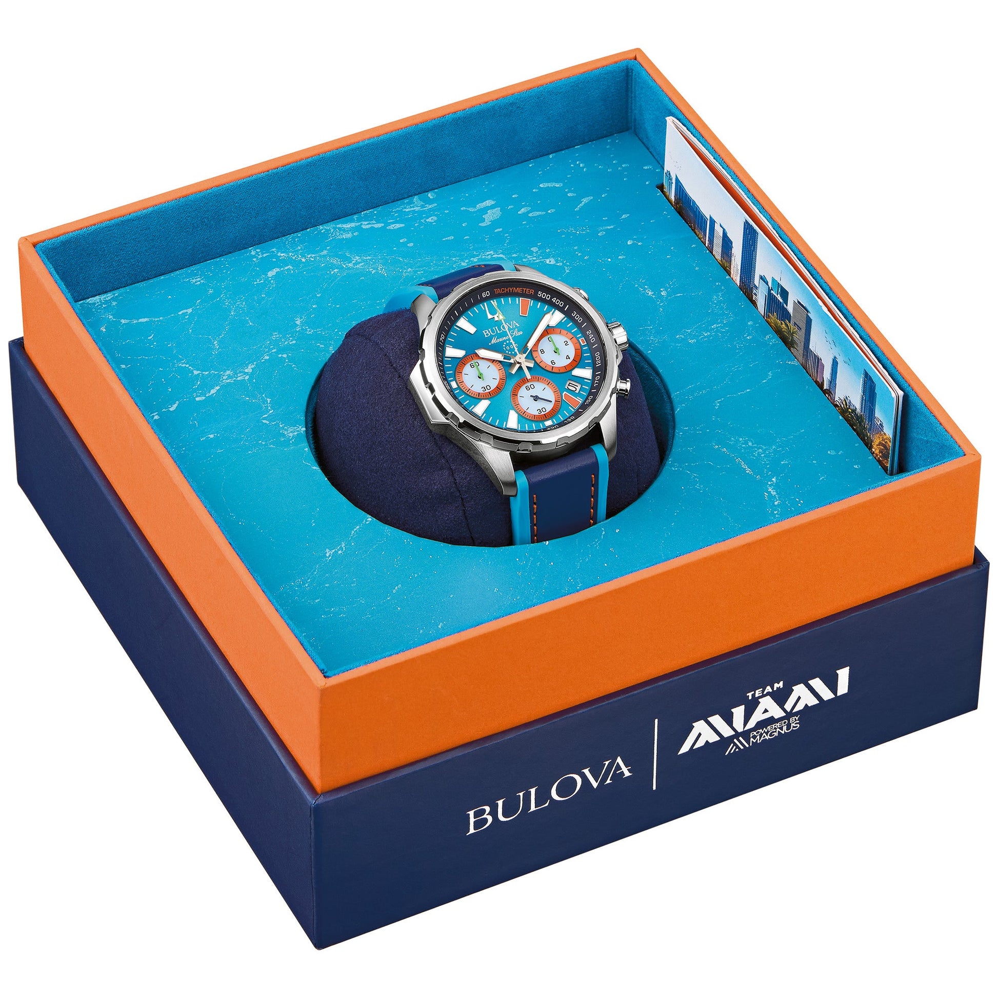 Bulova 96B460 presented in special edition packaging inspired by the E1 World Electric Powerboat Series.