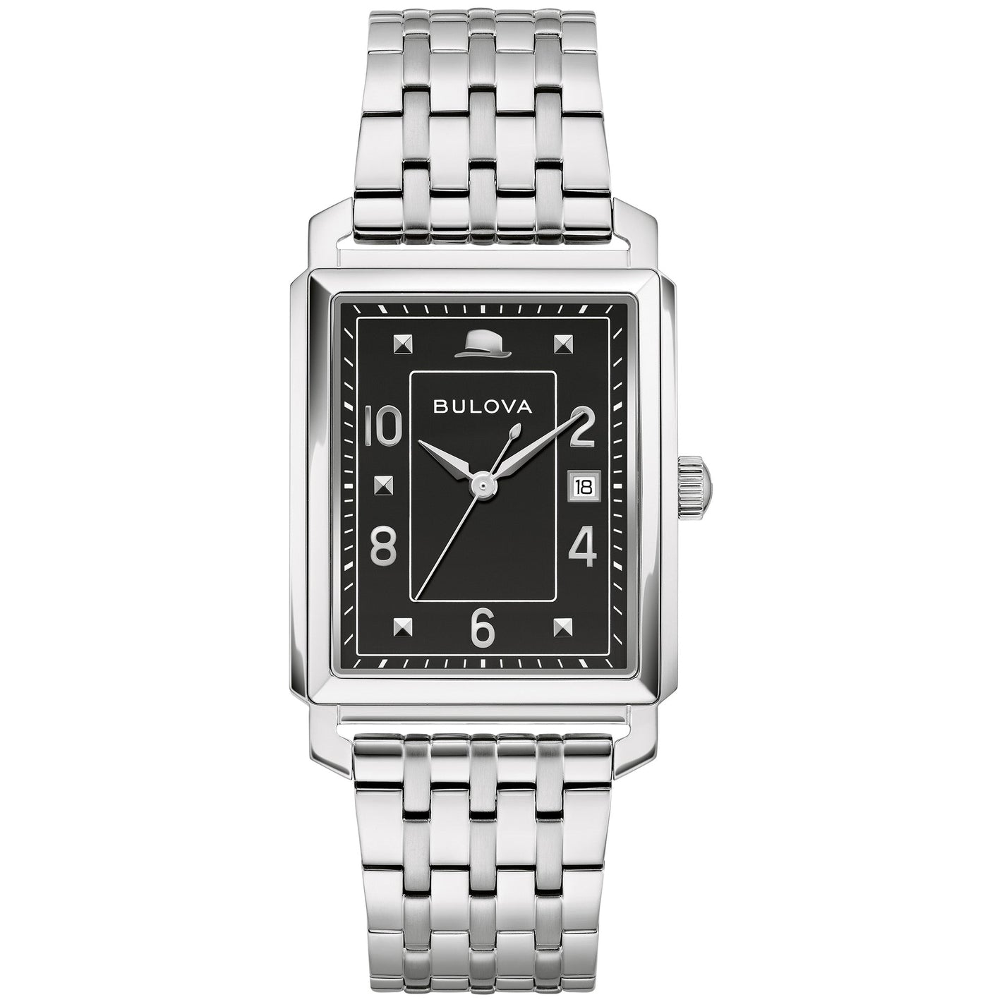 Bulova 96B461 Frank Sinatra men’s watch with black dial, silver-tone stainless steel case, and fedora detail at 12 o’clock—front view.