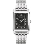 Bulova 96B461 Frank Sinatra men’s watch with black dial, silver-tone stainless steel case, and fedora detail at 12 o’clock—front view.