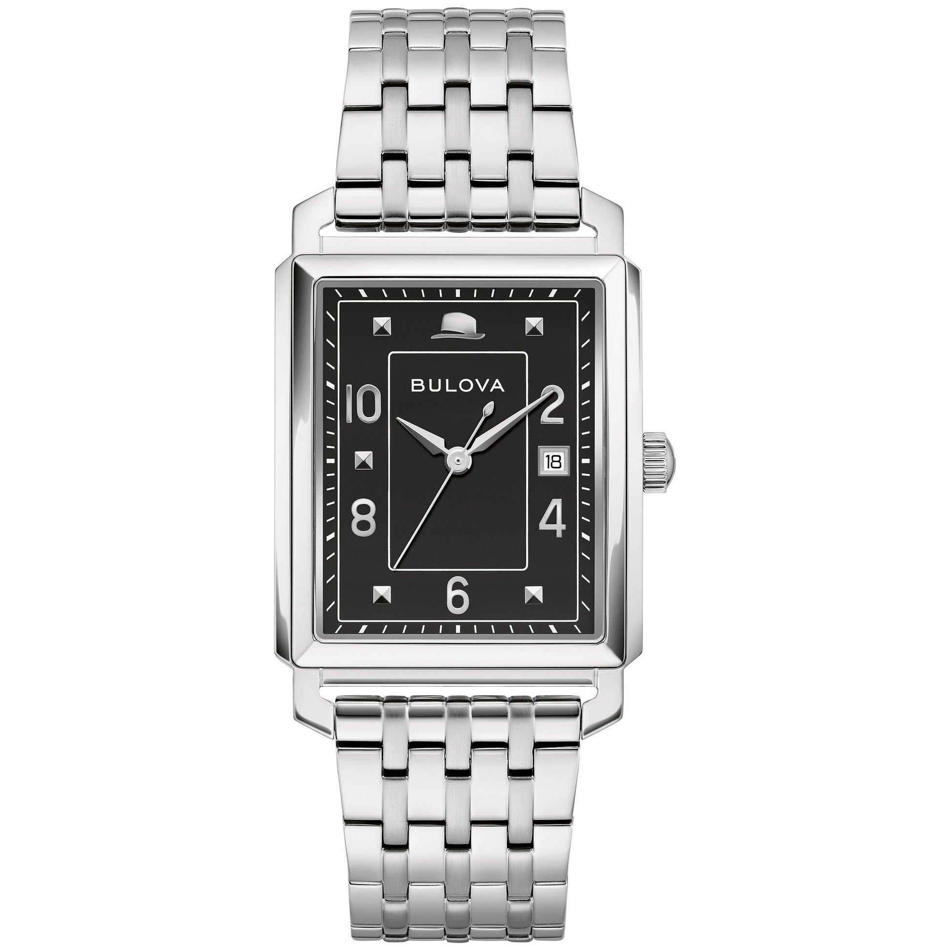 Bulova 96B461 Frank Sinatra men’s watch with black dial, silver-tone stainless steel case, and fedora detail at 12 o’clock—front view.