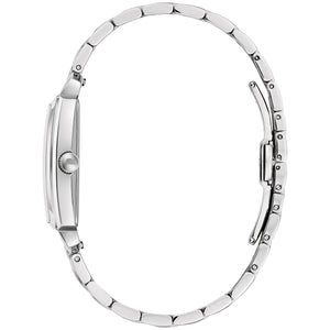 Side profile of Bulova 96B461 showcasing curved sapphire crystal and sleek stainless steel case.