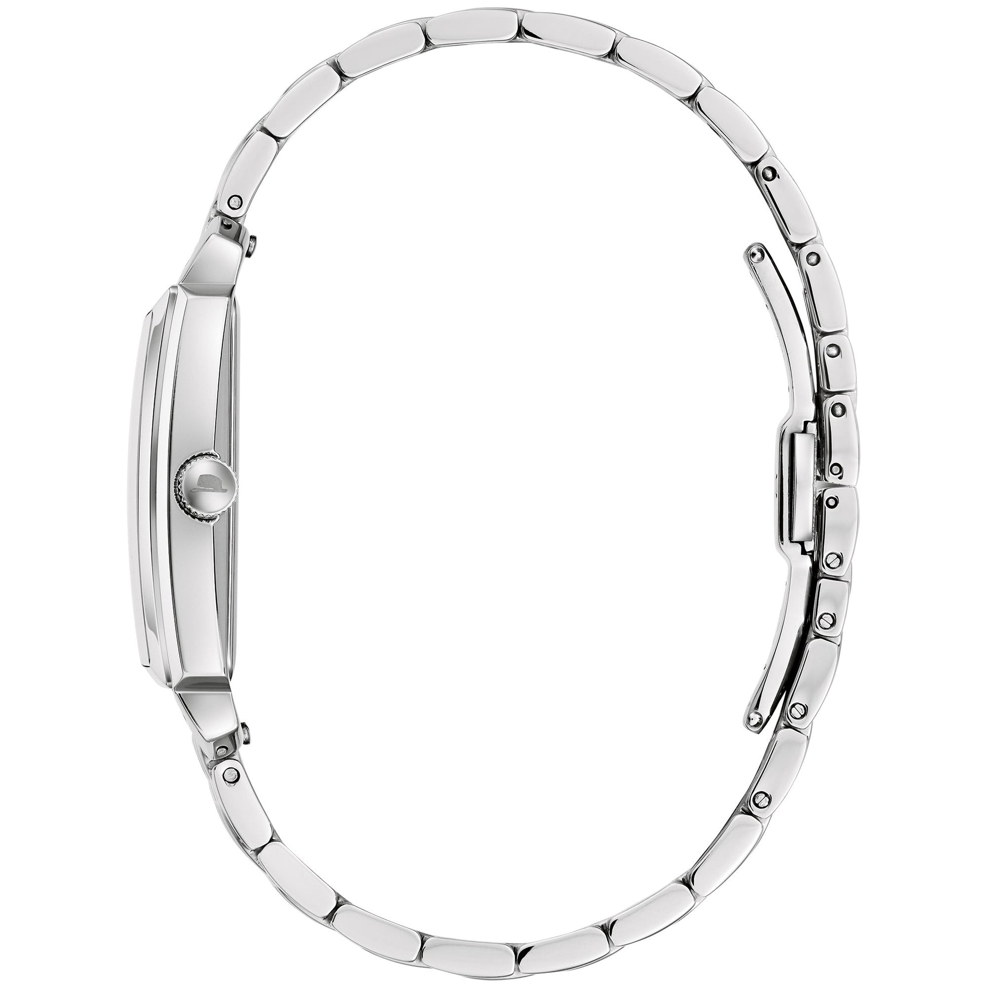 Side profile of Bulova 96B461 showcasing curved sapphire crystal and sleek stainless steel case.
