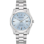 Bulova Surveyor 96B469 automatic men's watch with light blue sunburst dial and stainless steel bracelet.