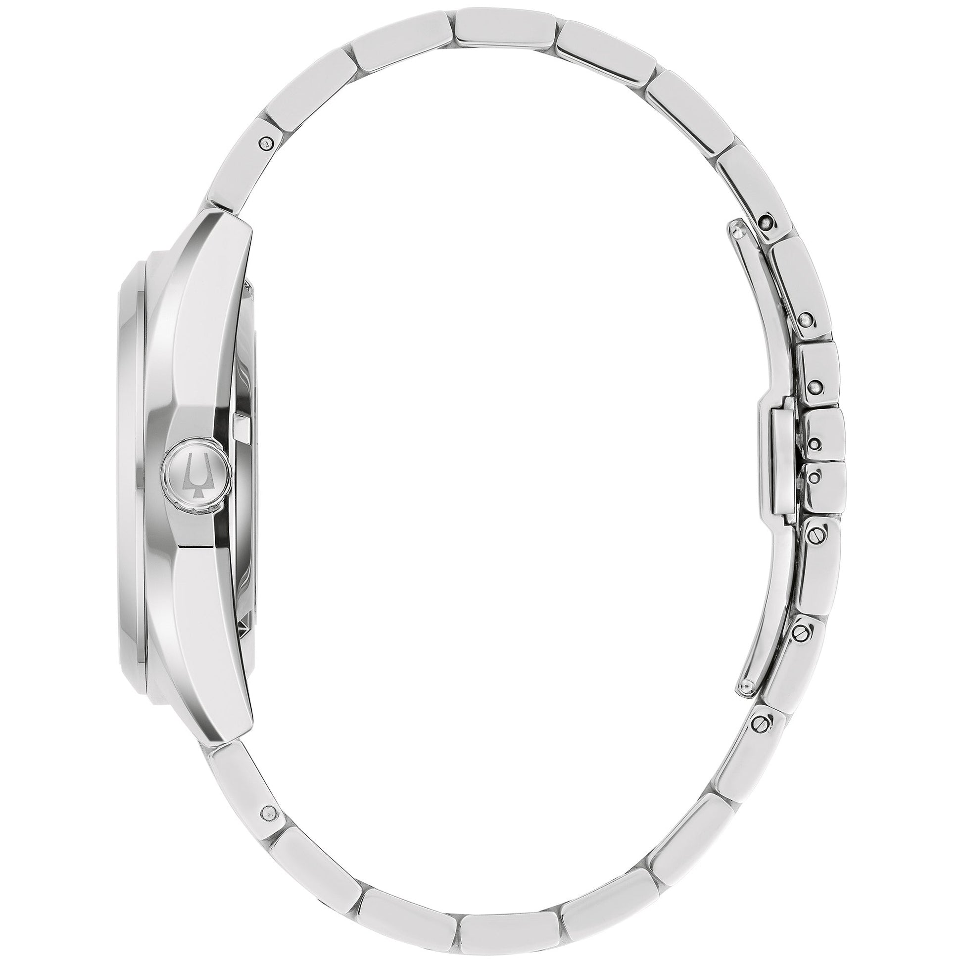 Side profile of Bulova 96B469 showing stainless steel case and anti-reflective sapphire crystal.