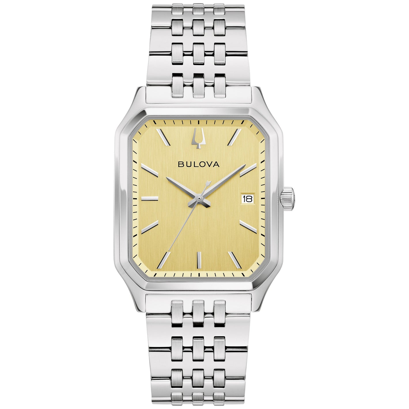 Bulova 96B471 men’s watch front view with vertically brushed champagne dial, silver-tone hands, markers, and integrated stainless steel bracelet.