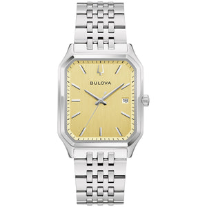 Bulova 96B471 men’s watch front view with vertically brushed champagne dial, silver-tone hands, markers, and integrated stainless steel bracelet.