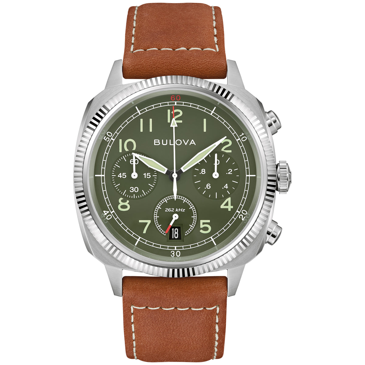 Bulova Military Green Dial Chronograph Leather Watch 96B482