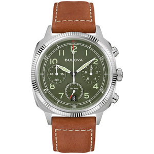 Bulova Military Green Dial Chronograph Leather Watch 96B482