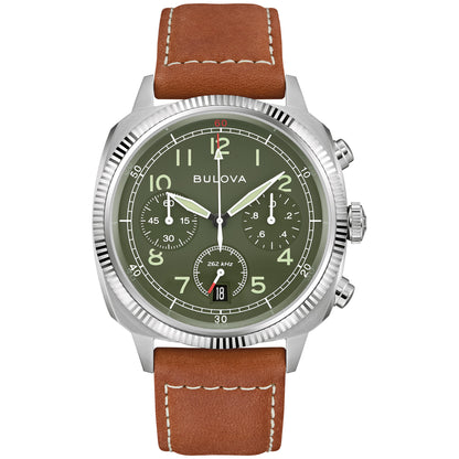 Bulova Military Green Dial Chronograph Leather Watch 96B482