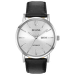  Bulova Classic Automatic 96C130 front view showcasing the stainless steel case, silver-white dial with silver-tone hands, and day/date display at 3 o'clock.